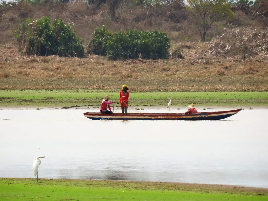 Pescadores en canoa en una ciénaga