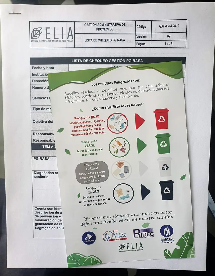 Lista de chequeo de gestión de residuos elaborada por ELIA